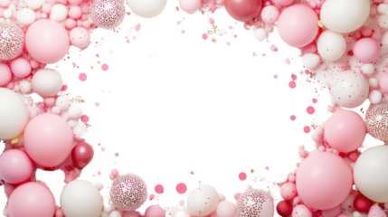 Pink and white balloons frame with falling confetti on transparent background