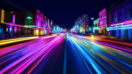 Obraz premium Vibrant Night City Street With Colorful Light Trails