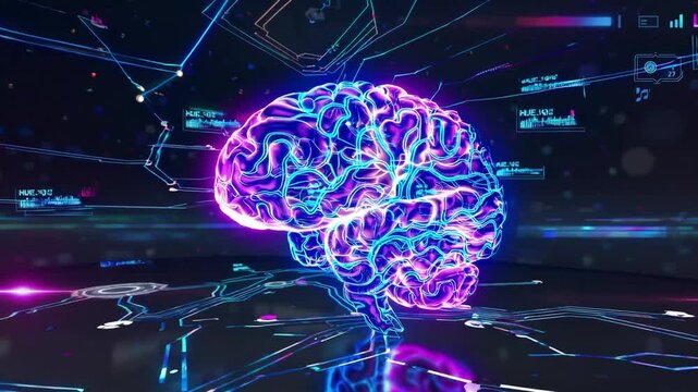 A glowing neon abstract brain floats in a futuristic digital space, pulsating with vibrant electric blue, purple, and magenta hues. Its intricate neural pathways are illuminated by interconnected, web