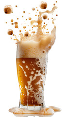 Frothy Beverage Overflows From a Beer Glass on a White Background