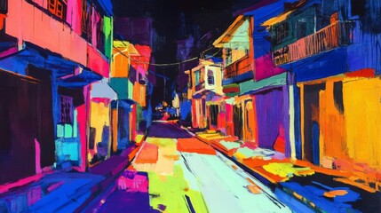 Fototapeta premium Vibrant Night City Street Scene Colorful Buildings Abstract Art