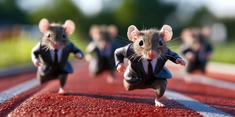 anthropomorphic rats wearing professional business suits running on track 