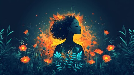 Vibrant Woman Silhouette Surrounded by Glowing Flowers and Foliage in a Dark, Enchanting Landscape