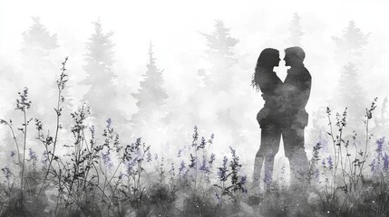 Couple embracing, foggy forest, wildflowers, romantic moment, wedding invitation