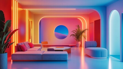 Vibrant Neon Living Room Interior Design with Sunset View