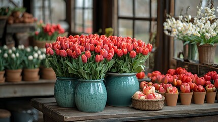 Colorful Tulips in Vibrant Pots Showcase Spring Blooms in a Charming Flower Shop Setting During Daylight Hours