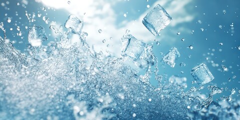 Ice cubes splashing water, sky background, cool drink ad