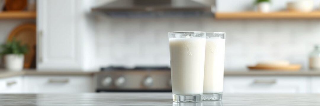 Glasses of milk with a refreshing mood in a modern kitchen setting
