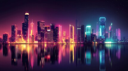 Fototapeta premium Vibrant Neon City Skyline Reflection at Night