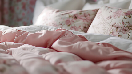 Bed linen. Bedroom and bed. Pillows, bedspread, blanket, begging, decor. Comfort and coziness. 