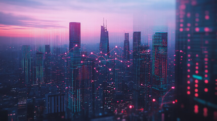 Obraz premium Abstract business man stands on Smart digital Innovation city with connection network reciprocity over the twilight cityscape. of future wireless digital city and social media networking systems