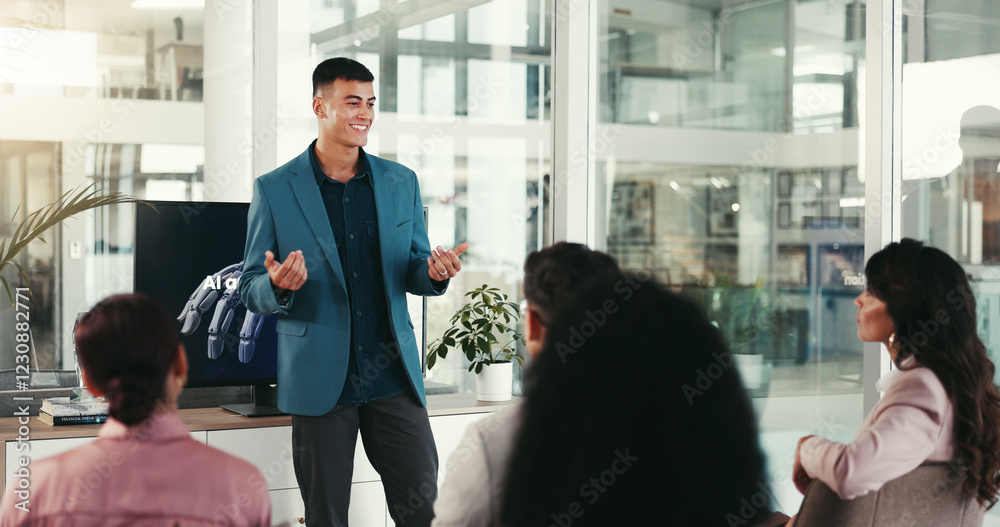 Aufkleber Presentation, machine learning and man in office for conference, tradeshow and seminar. Public speaking, innovation and person at business event for ai integration, tech training or robotics workshop