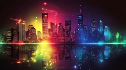Vibrant Colorful City Skyline at Night with Water Reflection