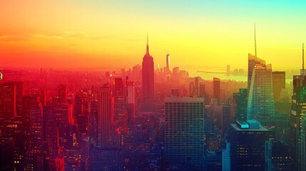 Fototapeta premium Vibrant City Skyline at Sunset with Colorful Sky and Highrise Buildings