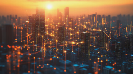Abstract business man stands on Smart digital Innovation city with connection network reciprocity over the twilight cityscape. of future wireless digital city and social media networking systems