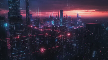 Abstract business man stands on Smart digital Innovation city with connection network reciprocity over the twilight cityscape. of future wireless digital city and social media networking systems