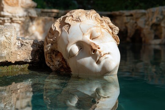 Submerged ancient statue head in a pool of clear water