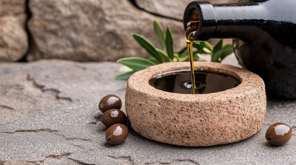 Pouring olive oil into a stone bowl with olives