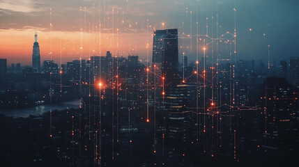 Fototapeta premium Abstract business man stands on Smart digital Innovation city with connection network reciprocity over the twilight cityscape. of future wireless digital city and social media networking systems