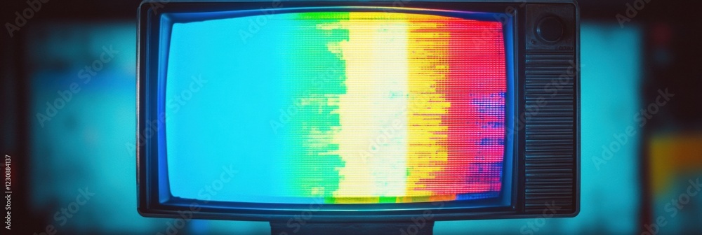 Poster retro television displays vibrant static noise and glitch patterns in a colorful visual experience. 