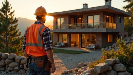 A construction worker stands in front of a modern house, observing the beautiful sunset. The setting features stone pathways, lush greenery, and a serene atmosphere, showcasing architectural design.