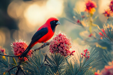 "A Vibrant Red and Black Bird Perched on Australian Pinecone Flowers"