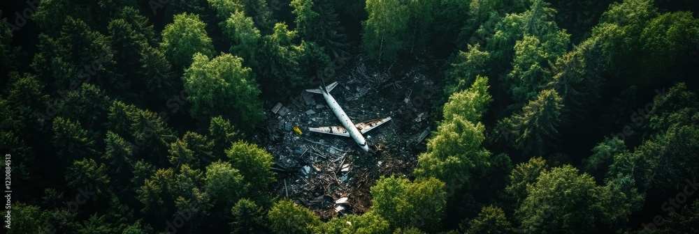 Poster dense forest conceals airplane debris scattered among trees in a remote location. generative ai