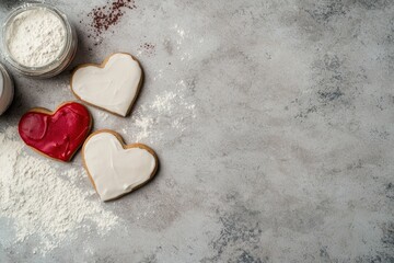 Obraz premium Heart-shaped cookies with red and white icing on a gray background