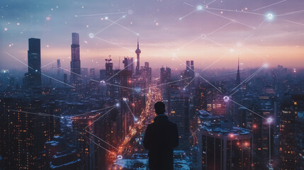 Fototapeta premium Abstract business man stands on Smart digital Innovation city with connection network reciprocity over the twilight cityscape. of future wireless digital city and social media networking systems