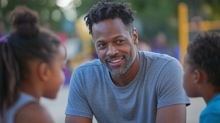 A father engages in a meaningful conversation with his children, smiling warmly as they listen. The image captures themes of parenting, family bonding, communication, and education.