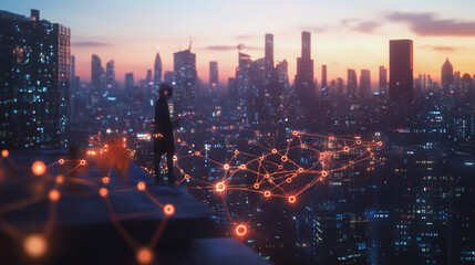 Fototapeta premium Abstract business man stands on Smart digital Innovation city with connection network reciprocity over the twilight cityscape. of future wireless digital city and social media networking systems