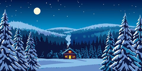 Naklejka premium Serene Winter Night Landscape with Snowy Pine Trees and a Cozy Cabin Under a Full Moon