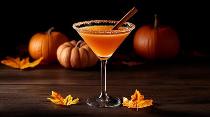 Classic pumpkin pie martini with cinnamon-sugar rim, floating cinnamon stick, set on rustic wooden table with pumpkin decor and autumn leaves scattered