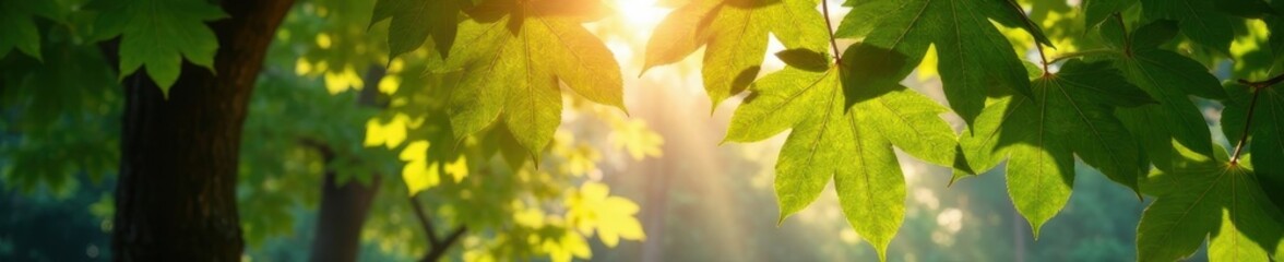 Obraz premium Sunbeams filtering through ancient beech tree leaves, photography, serene, tree
