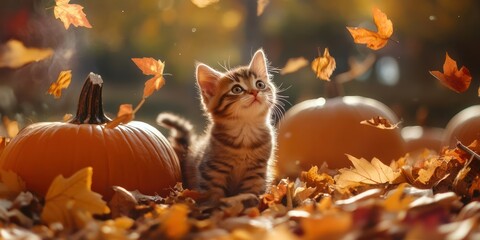 Kitten autumn leaves pumpkins park fall card