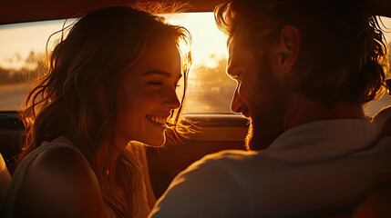 Romantic Couple Enjoying Sunset Together Inside Classic Car