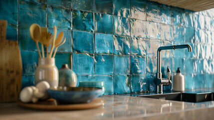 Zellige ceramic tile wall at kitchen, decoration, interior design, apartment renovation, sink 
