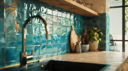 Zellige ceramic tile wall at kitchen, decoration, interior design, apartment renovation, sink 