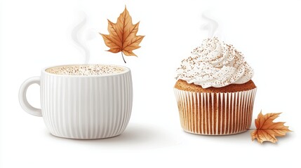 Cappuccino cup with steam shaped like autumn leaves, next to pumpkin spice muffins, hand-drawn effect, isolated on white background