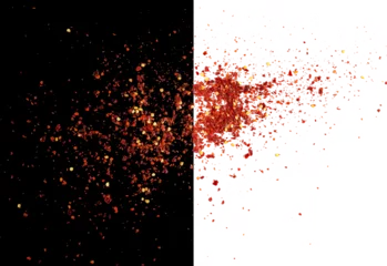 Fotobehang Chili Pepers Spicy chili red pepper flakes, chopped, milled dry paprika scattered, isolated on white and black, top view   © dule964