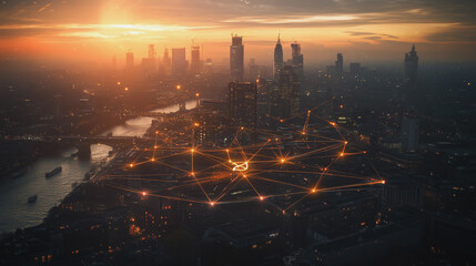 Fototapeta premium Abstract business man stands on Smart digital Innovation city with connection network reciprocity over the twilight cityscape. of future wireless digital city and social media networking systems