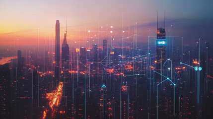 Fototapeta premium Abstract business man stands on Smart digital Innovation city with connection network reciprocity over the twilight cityscape. of future wireless digital city and social media networking systems