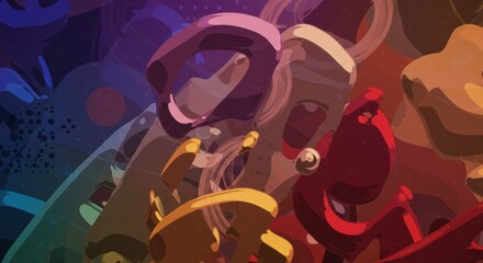 Fototapeta premium Abstract Orchestration: A kaleidoscope of abstract shapes and vibrant colors intertwines, creating a dynamic and visually captivating composition reminiscent of an orchestral performance. 