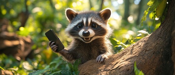 Fototapeta premium Playful raccoon holding smartphone in vibrant forest