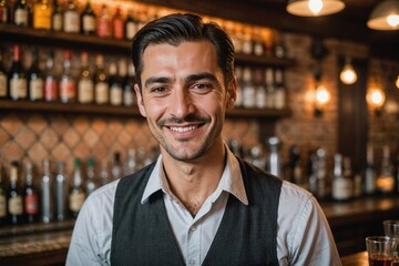 close portrait of a 40s smiling Tajik male bartender against blurred bar background