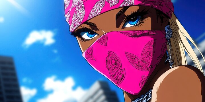 manga female gangster rapper wearing pink bandana