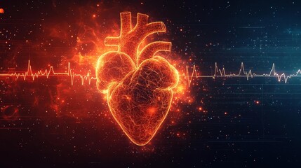Glowing human heart with EKG waveform in digital art. Generative AI