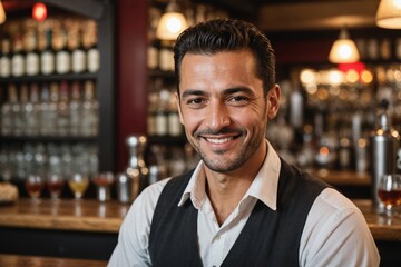 Obraz premium close portrait of a 40s smiling Tunisian male bartender against blurred bar background
