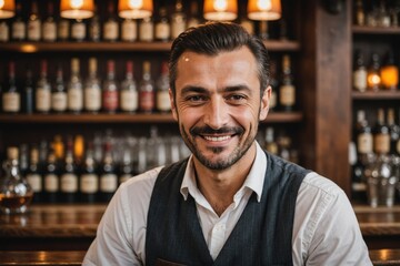 Fototapeta premium close portrait of a 40s smiling Turkish male bartender against blurred bar background