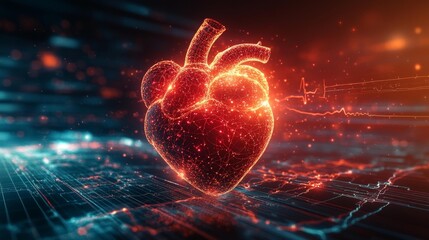 Glowing Anatomical Heart with EKG Waveform and Digital Effects. Generative AI